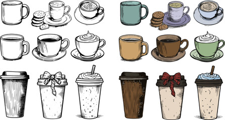 set of coffee cup element series monochrome and color style vector illustration