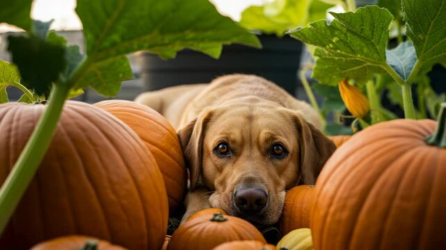 A relaxed dog lying among vibrant pumpkins in a garden, surrounded by lush green plants and sunlight - labs pictures