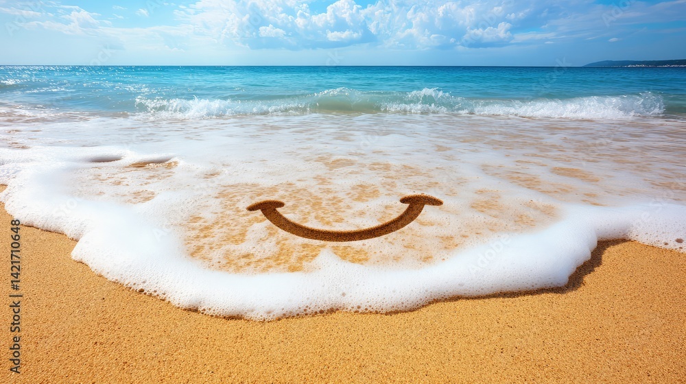 Poster a curved wave gently breaking on the shore, creating a smile-like shape in the water, symbolizing jo