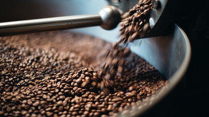 Coffee roasting process fresh roasted beans falling into roaster machine professional coffee production