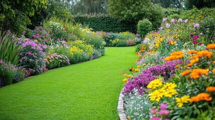 A lush green garden with colorful flowers and butterflies fluttering around, symbolizing the beauty of life and happiness, with ample space for marketing copy