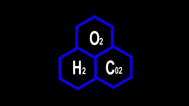 co2 Molecular Concept &ndash;O2, H2,CO2 synthesis leaf oxygen O2 from carbon dioxide CO2. further highlighting the vibrant blue of the shapes and text, creating a modern, abstract representation
