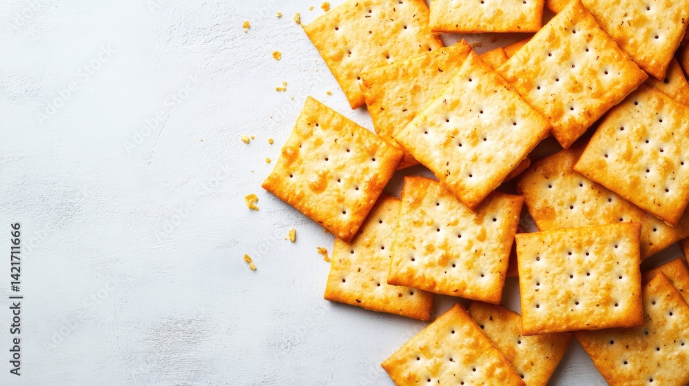 Poster a pile of tomato-flavored crackers placed in a neat pattern on a clean surface with plenty of room f