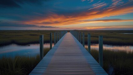 Obraz premium Boardwalk at Coastal Marsh with Dark Orange and Blue Sunset in a Tranquil Macro Composition