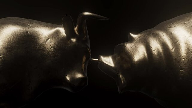 A two bronze castings depicting a stylized bull and a bear head representing financial market trends as a dramatic single light glints across the surfaces 