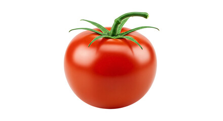 Ripe red tomato with green stem isolated on white background. Ideal for cooking, fresh produce, healthy eating, salads, sauces, and food concepts.

