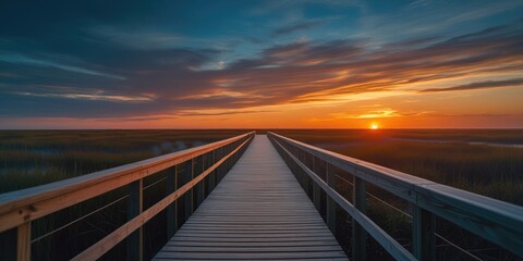 Fototapeta premium Boardwalk at Coastal Marsh with Dark Orange and Blue Sunset in a Tranquil Macro Composition