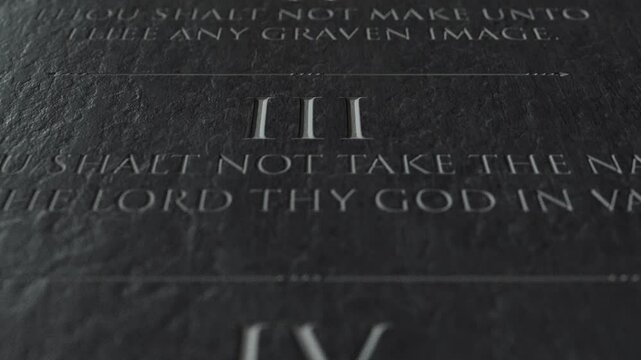 A slow close up pan across a stone tablet with the first five of the ten commandments inscribed onto them