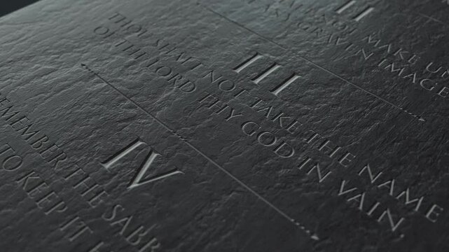 A slow close up pan across a stone tablet with the first five of the ten commandments inscribed onto them