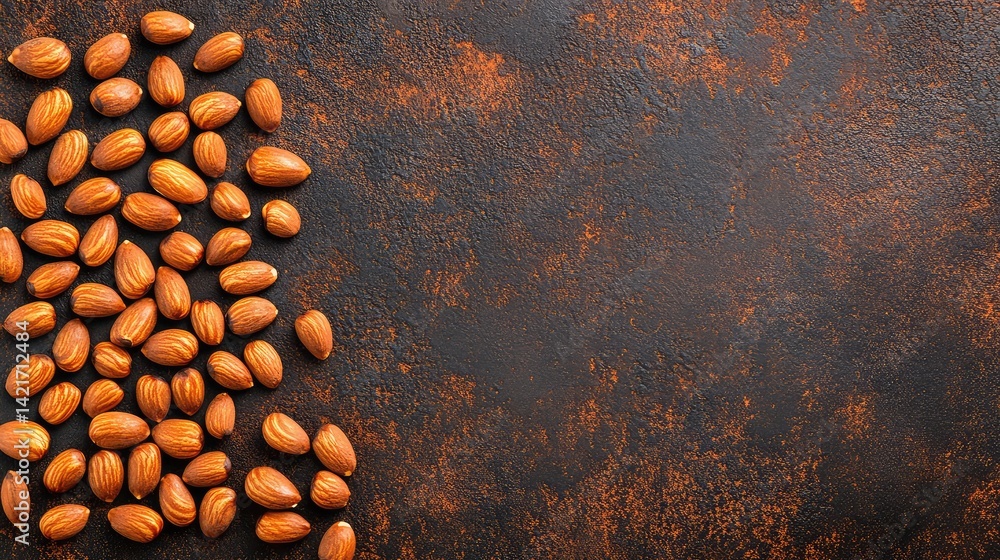 Poster a top-down view of caramel-flavored almonds scattered on a rustic table, leaving room for text or br