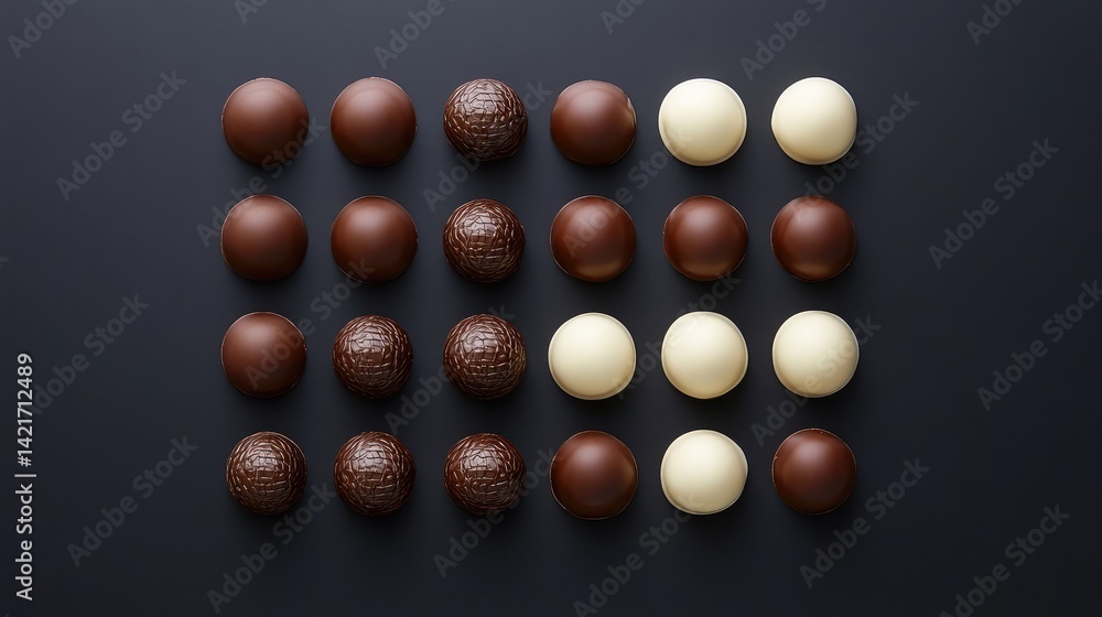 Poster a top-down view of chocolate truffles arranged neatly on a dark surface with clean space surrounding