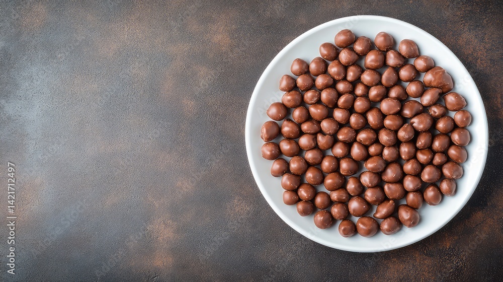 Poster a top-down view of chocolate-covered cashews arranged on a white plate with empty space surrounding 