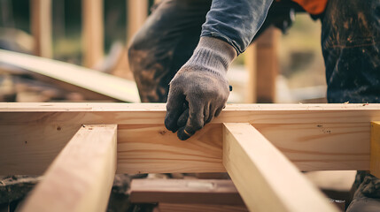 Construction Worker Assembling Wooden Beams