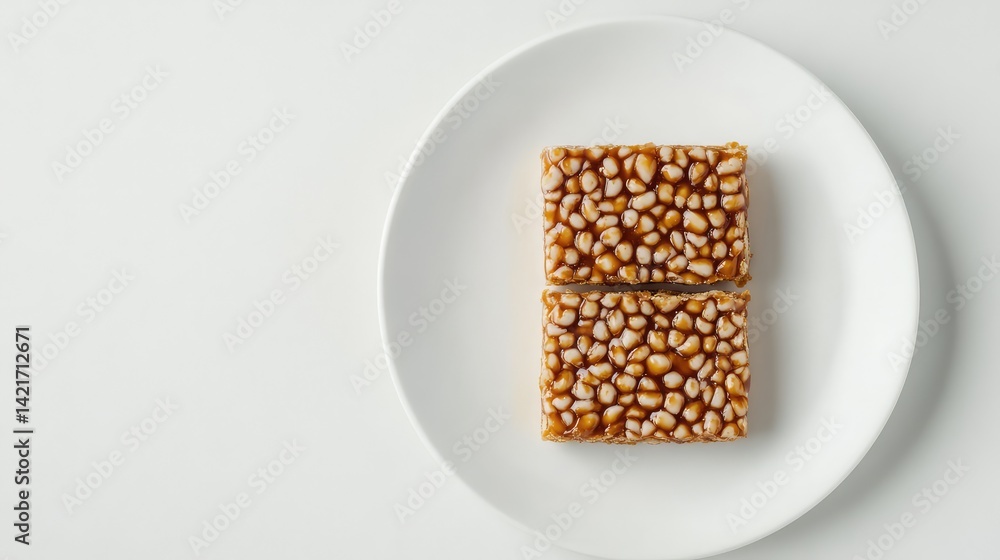 Poster a top view of caramel snack bars placed neatly on a white plate with room to the right for text or d