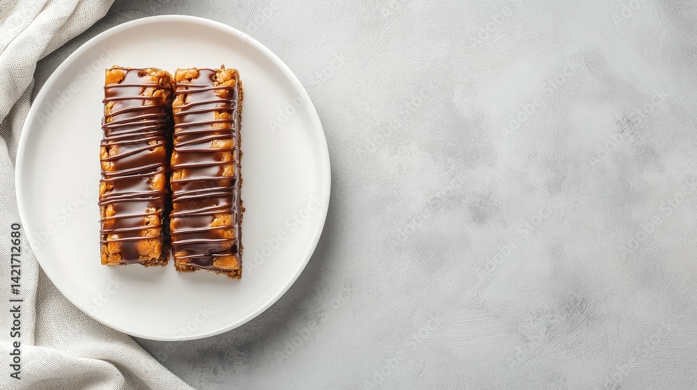 Poster a top view of caramel snack bars placed neatly on a white plate with room to the right for text or d