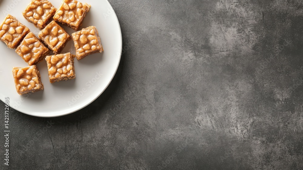 Poster a top view of caramel snack bars placed neatly on a white plate with room to the right for text or d