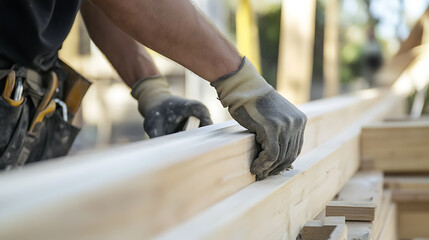 Construction Worker Handling Wooden Beams
