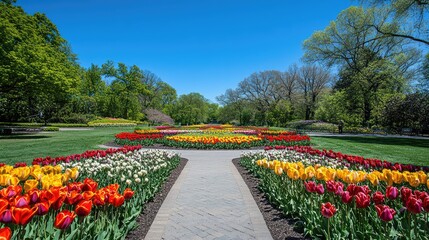 Obraz premium A view of colorful tulips blooming in a garden under a clear blue sky, representing happiness and renewal, with space surrounding it for product details