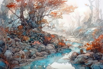 A fantastic landscape in watercolor technique, depicting a magical forest with a stream flowing among stones and autumn leaves. 