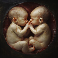 Identical Twins Holding Hands in the Womb Close Up
