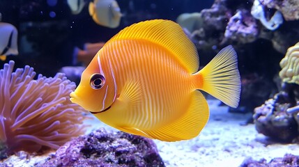 Obraz premium Orange fish in aquarium with coral and other fish