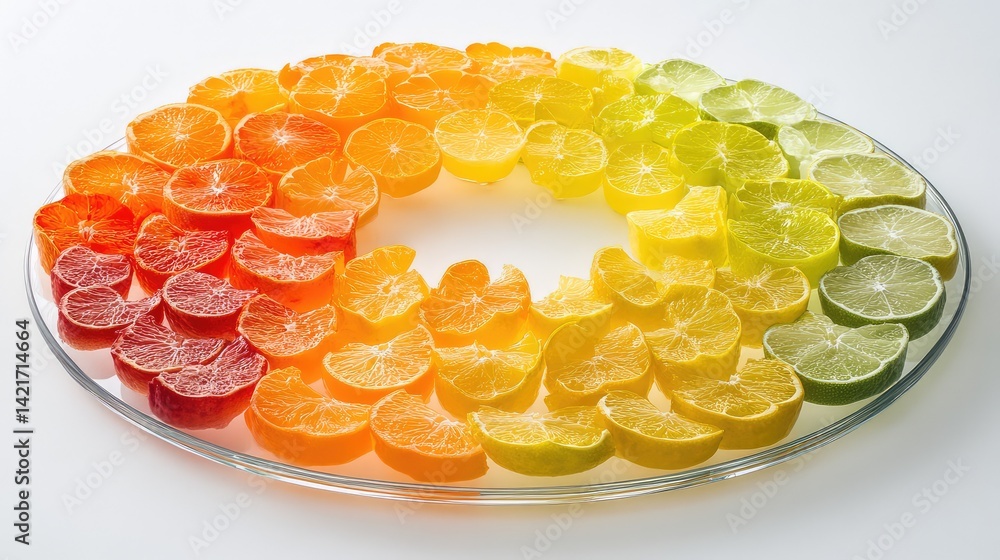 Poster Colorful citrus slices in a circular arrangement on a white surface with plenty of negative space in the middle