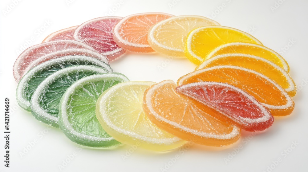 Poster colorful citrus slices in a circular arrangement on a white surface with plenty of negative space in