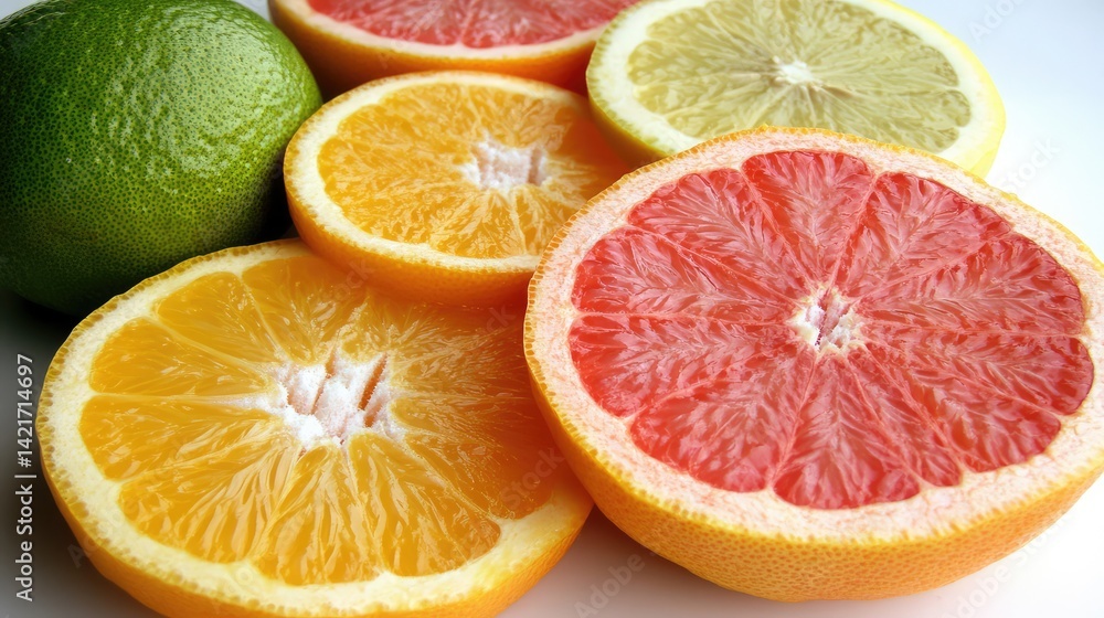 Poster Colorful citrus slices in a circular arrangement on a white surface with plenty of negative space in the middle