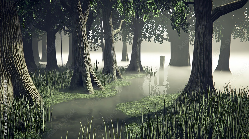 Poster a serene swamp landscape enveloped in fog with trees emerging from the mysterious atmosphere creatin