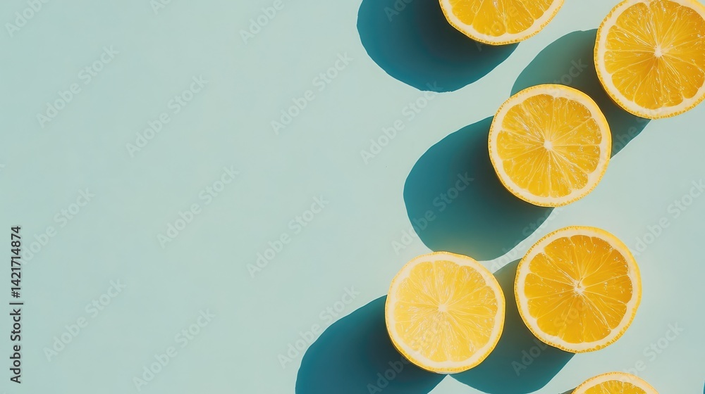 Poster composition of mixed citrus slices on a light blue background with clear negative space on the right