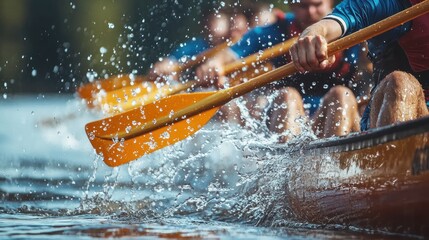 A team of canoeists working together during a race, paddling with precision and strength to keep the boat moving swiftly through the water