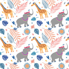 seamless pattern Whimsical summer boho pattern of elephants and giraffes, mixed with palm leaves, sunbursts