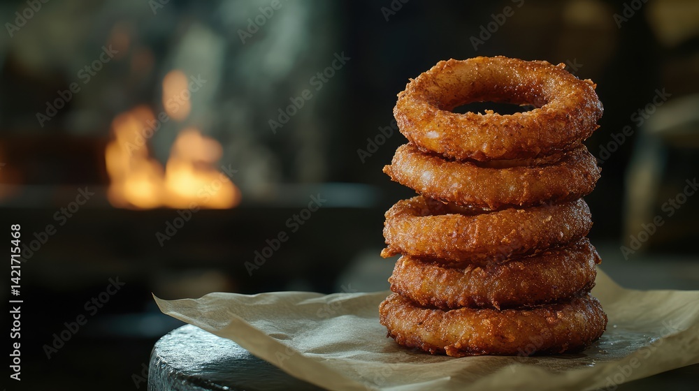 Poster crisp onion rings stacked on parchment paper with textured background and copy space