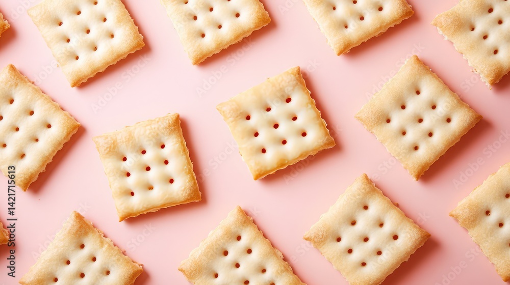 Poster flatbread crisps placed in a zigzag pattern on a pastel surface with ample room