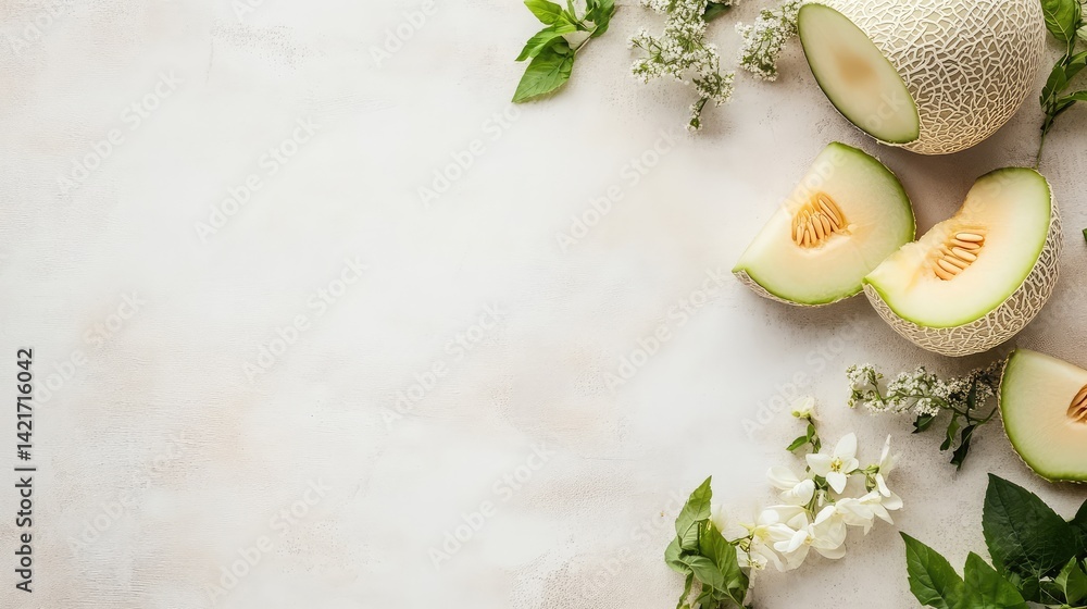 Poster fresh cantaloupe and melon slices on a neutral background with open layout space