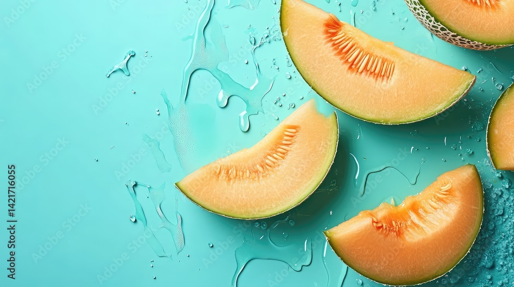 Poster fresh cantaloupe and melon slices on a neutral background with open layout space