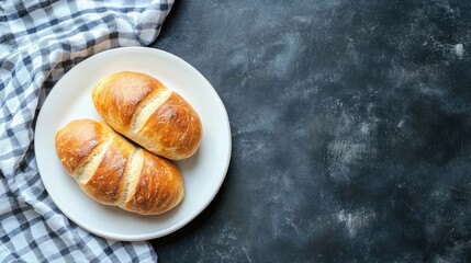Freshly baked sourdough bread placed on a white plate with copy space to the side