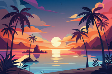 Tropical Sunset Paradise Vector – Palm Trees, Beach, and Tranquil Water Scene Illustration