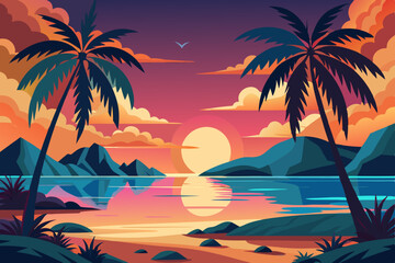Tropical Sunset Paradise Vector – Palm Trees, Beach, and Tranquil Water Scene Illustration