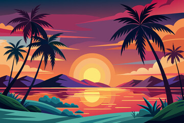 Tropical Sunset Paradise Vector – Palm Trees, Beach, and Tranquil Water Scene Illustration
