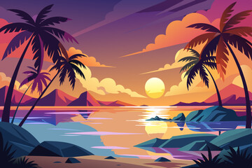 Tropical Sunset Paradise Vector – Palm Trees, Beach, and Tranquil Water Scene Illustration