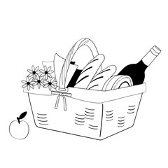 picnic basket with groceries, bottle of wine, bread, cheese black and white vector illustration
