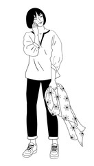 girl in jeans standing	with daisy flowers pattern scarf black and white vector illustration