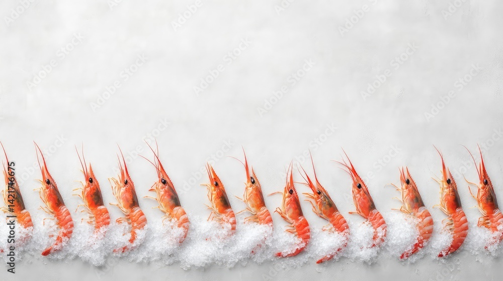 Poster grilled barbecue shrimp placed in a neat row on a plate with clean space around for promotional text