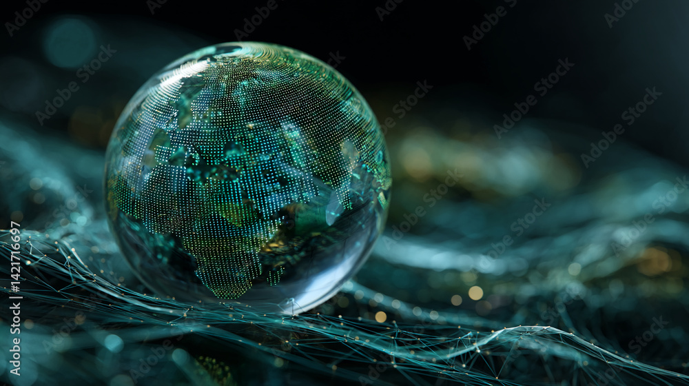 Poster glass globe with teal digital world map, resting on a dark teal network, symbolizing global connecti
