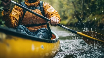 A solo canoeist navigating through a narrow waterway, skillfully using their paddle to maneuver around obstacles and maintain speed