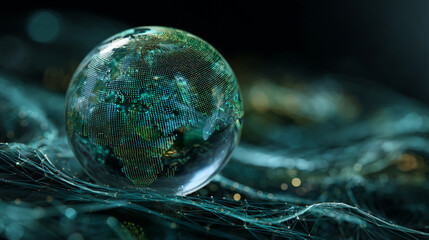 Glass globe with teal digital world map, resting on a dark teal network, symbolizing global connectivity and digital technology, ideal for tech or network concepts