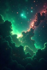 Fototapeta premium Vibrant green galaxy with colorful stars and nebulae, space, universe, galaxy