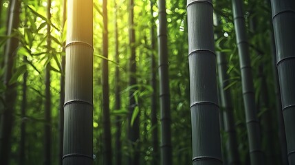 Fototapeta premium Sunlight filters through a lush bamboo forest, creating a serene green and gray landscape