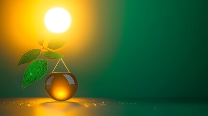 Sunlit sprout with glass orb vessel, suspended by gold strings. Leaf details enhance golden glow